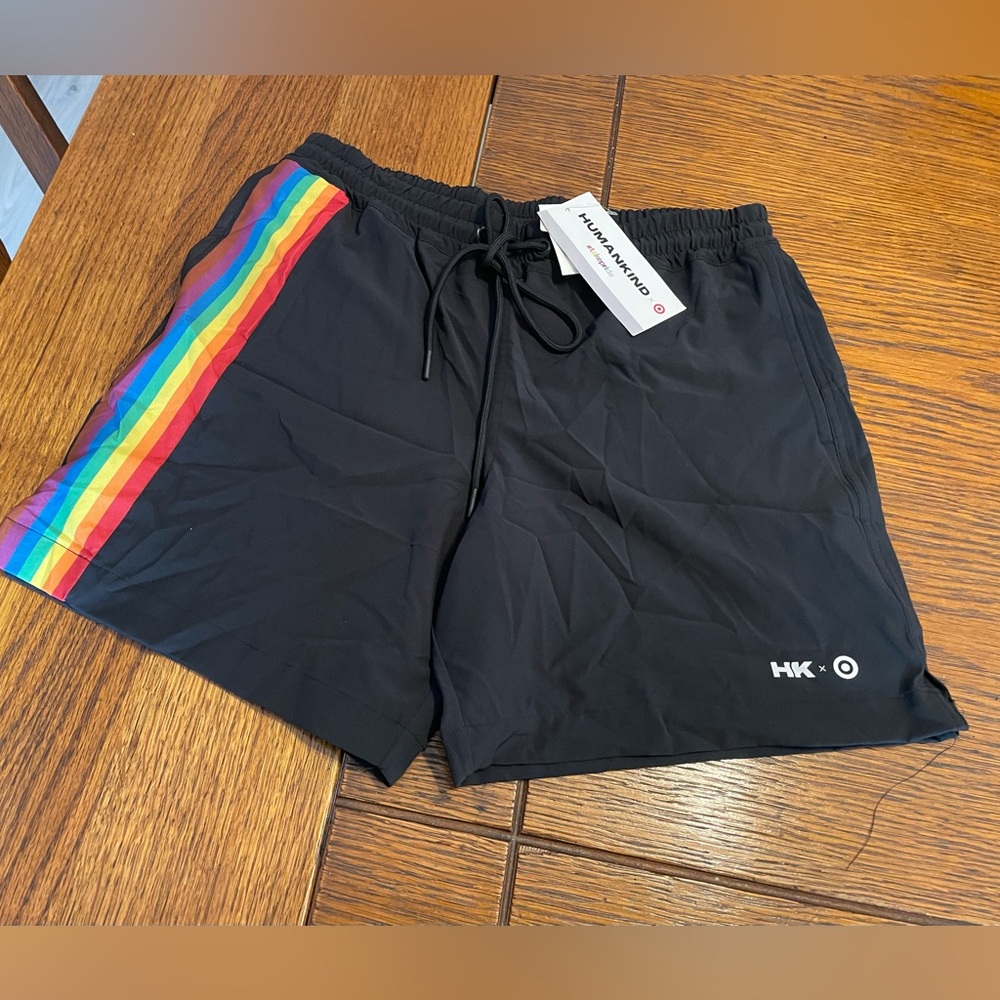 Humankind Black Athletic Shorts with Rainbow Side Stripe